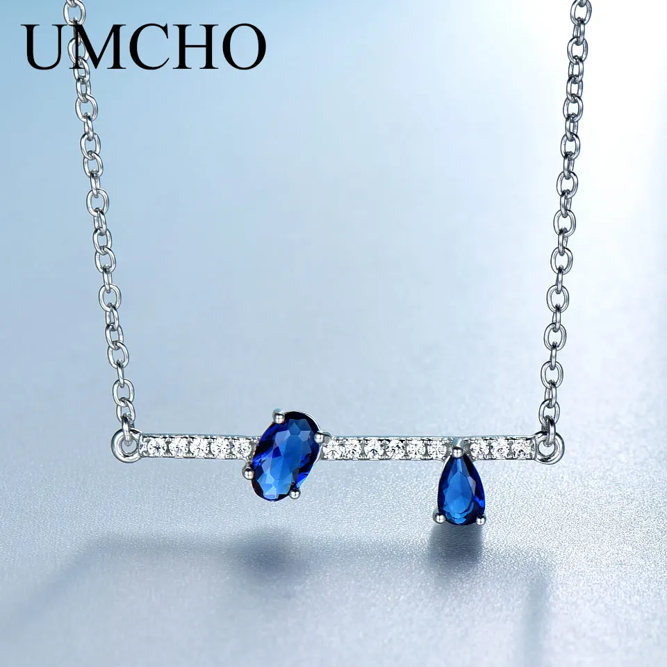 

UMCHO Genuine 925 Silver Jewelry Irregular Oval Created Blue Sapphire Chains Necklaces Pendants For Women Engagement Gifts