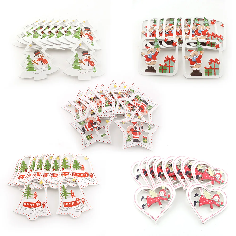 10Pcs Wooden DIY Christmas Tree Hanging Ornaments Pendant Bells santa claus New Year Decor Christmas Decorations For Home