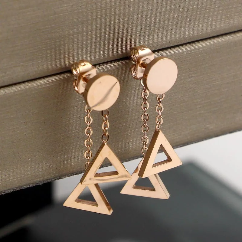 Stainless steel double triangles drop earrings pendientes mujer, rose