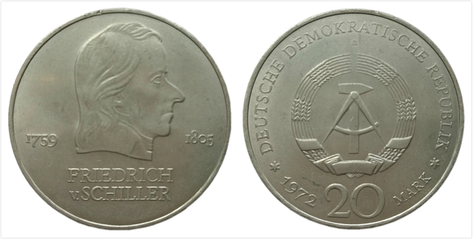 Восточно-Западная Германия 20 Mark Friedrich Schiller Edition памятная монета 1972 ЕС 100% настоящие