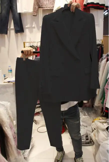 LMCAVASUN, весенние корейские профессиональные тонкие брючные костюмы, костюм, темпераментный костюм, куртка, комплект из 2 предметов, женская одежда, деловые костюмы - Цвет: Черный