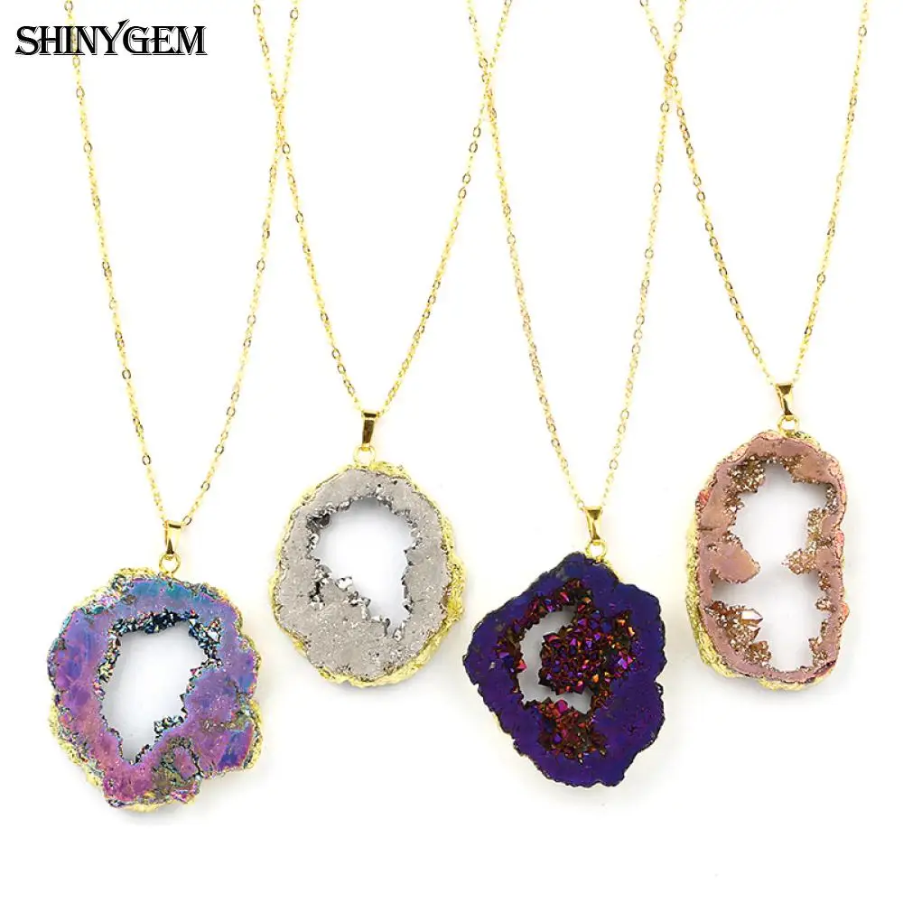 

ShinyGem Slice Druzy Pendant Necklaces Gold Plating Sparkling Mineral Crystal Necklaces Chakra Natural Stone Necklaces For Women