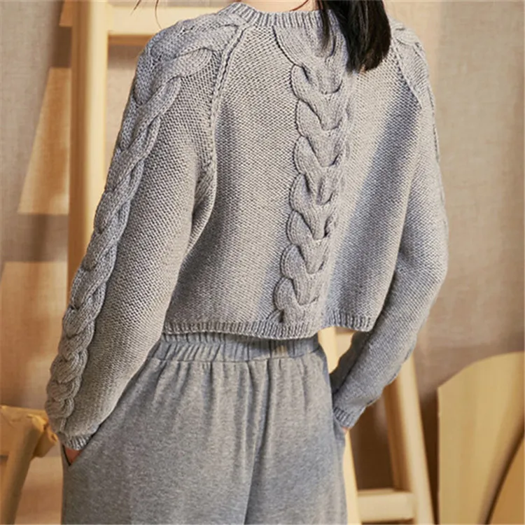 100% ручной работы из чистой шерсти Oneck вязать для женщин уличная Твердые свободные супер короткий пуловер свитер один и более размеры