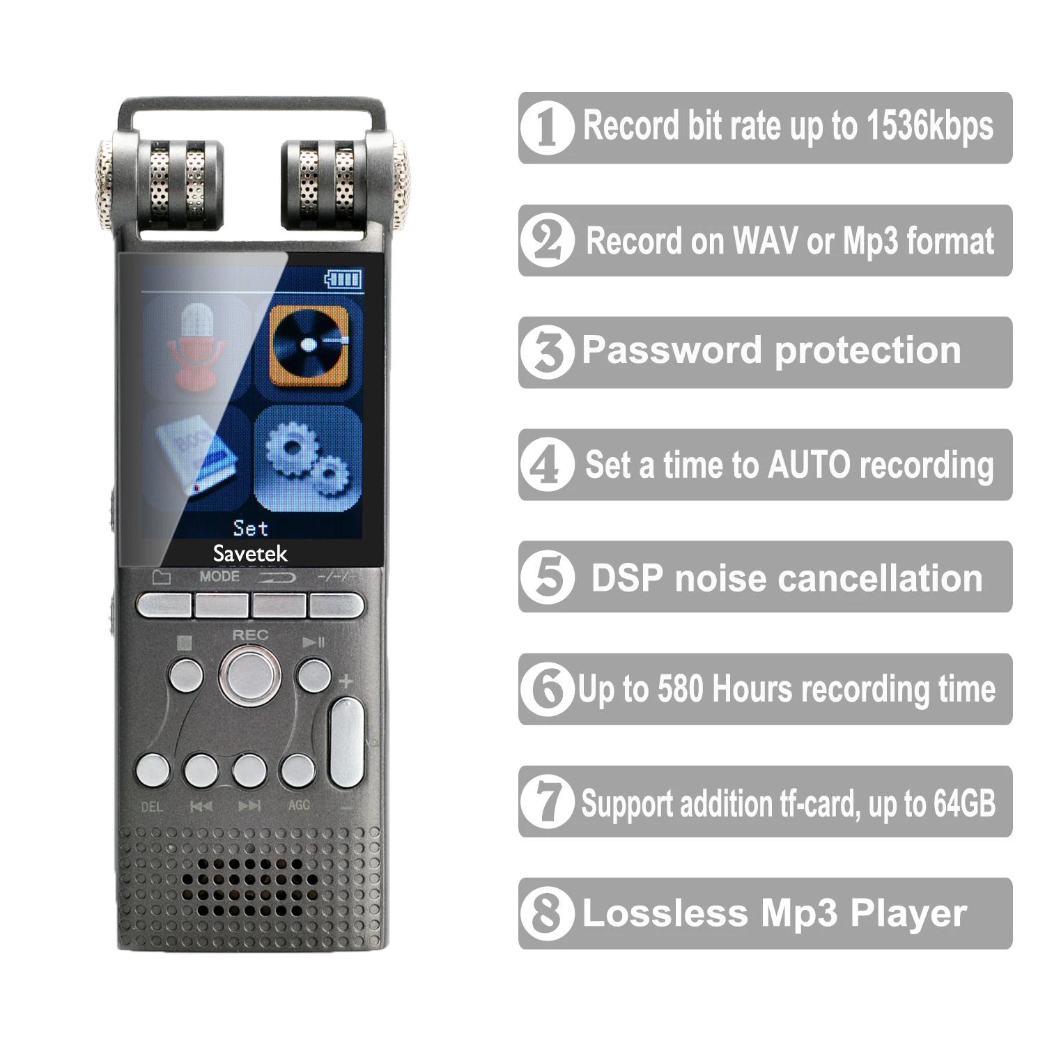 Профессиональный цифровой Аудио Диктофон | 8 ГБ 16 ГБ 32 ГБ | Формат WAV MP3 | до 1536 кбит/с | шумоподавление | mp3-плеер