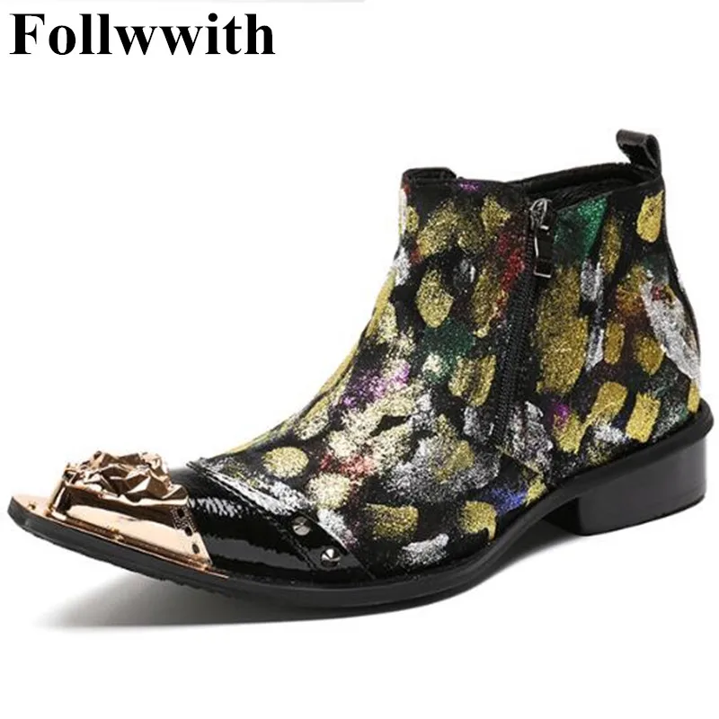 

2019 Follwwith Fashion Metal Pointed Toe Genuine Leather Camouflage Ankle Boots Metal Tip Flower Printed Shoes Men