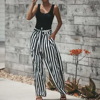 

2018 Summer Hot Sale Fashion Loose Style Women's Elegant Stripes Belt Wide Leg Casual Pants