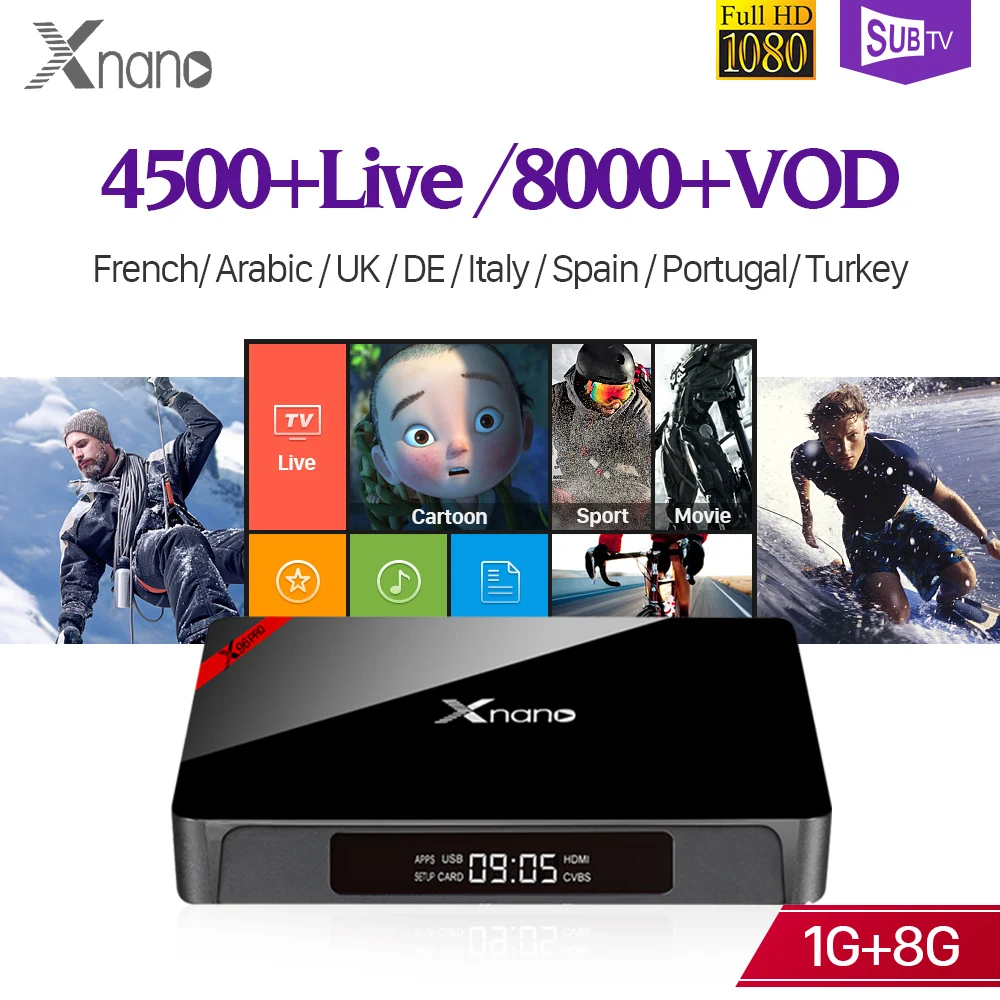 

Code IP TV Box Subscription XNANO SUBTV Android S905X Support BT Full HD Live Arabic France Italy Turkey IP TV Channels Receiver