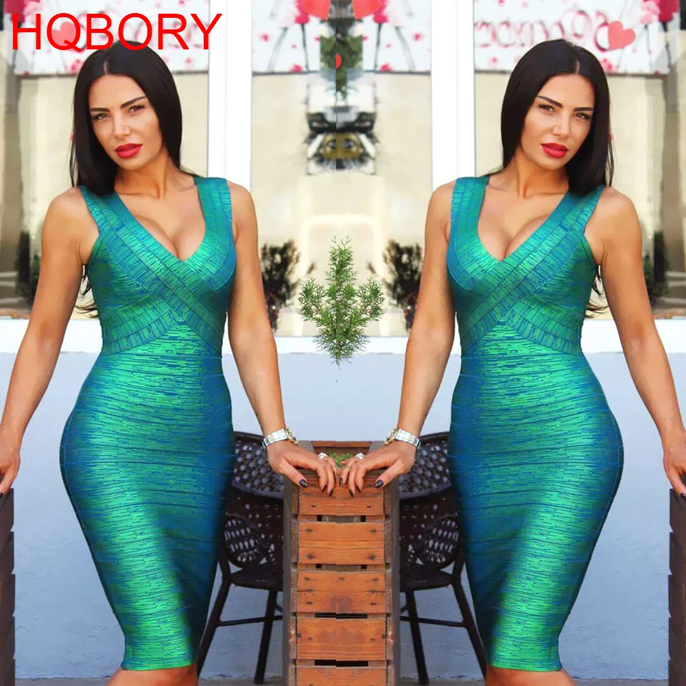 

metallic green v neck sleeveless 2017 women's high quality bodycon knee length clubware bandage dress