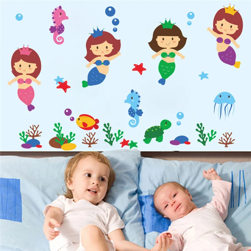 Cartoon Underwater Girl Fish Wall Stickers For Kids Rooms Decal Bedroom  Bathroom Decor Art Mural Girls Bubble Decor
