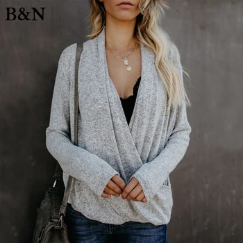 

Soft Knitwear Casual Tops Women Shirt Female T-shirt Tees Long Sleeve Garment Pullovers Y Neck Clothes Stretch Elastic Jersey