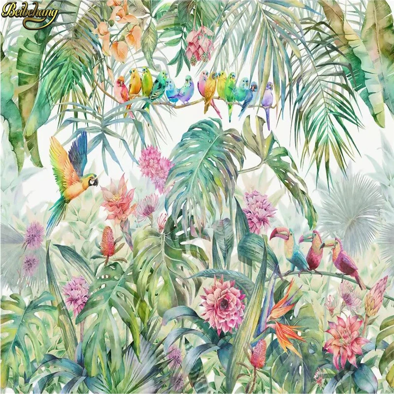 

beibehang Custom American idyllic rain forest parrot tortoise palm tree leaf mural wallpapers for living room wallpaper bedroom