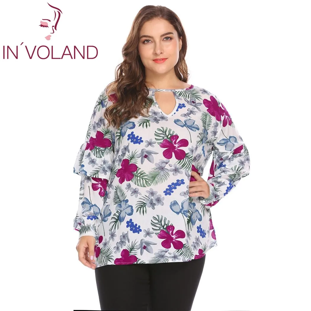 IN'VOLAND, большой размер, L-4XL, женские футболки, топы, весна, осень, длинный рукав, пуловеры, оборки, цветочные, свободные, плюс, футболка большого размера - Цвет: Style3