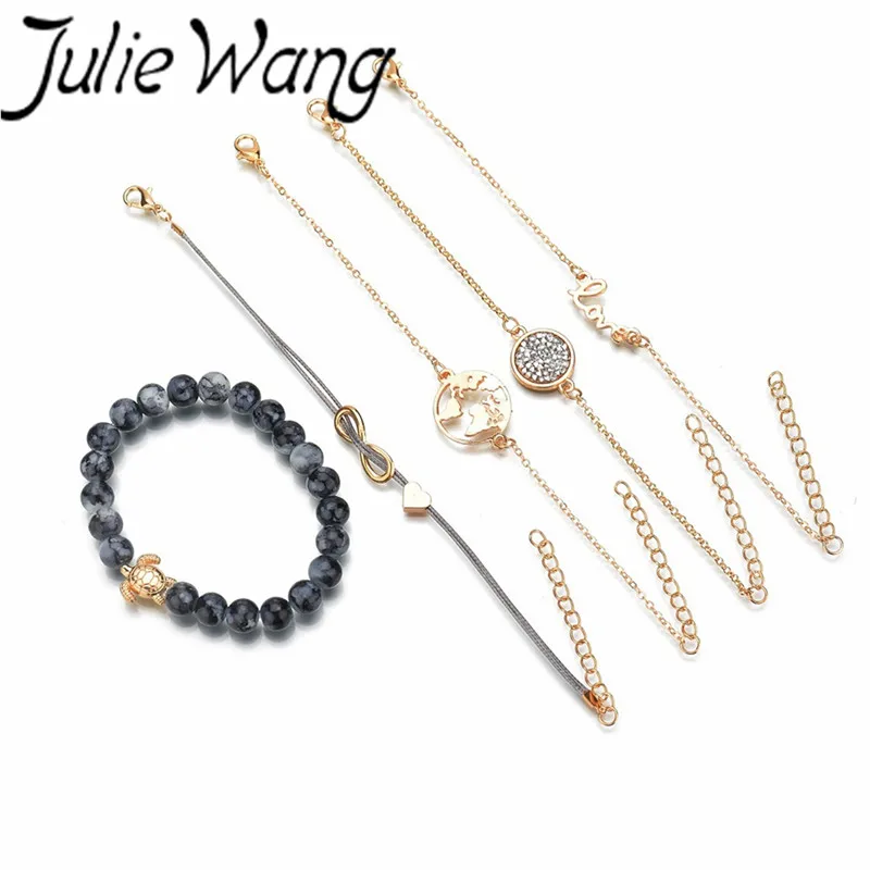

JulieWang 5pcs/pack Alloy Bracelet Set Irregular Pattern Turtle/Love English/ Round White Crystal/Love Digital No Limit/ Earth