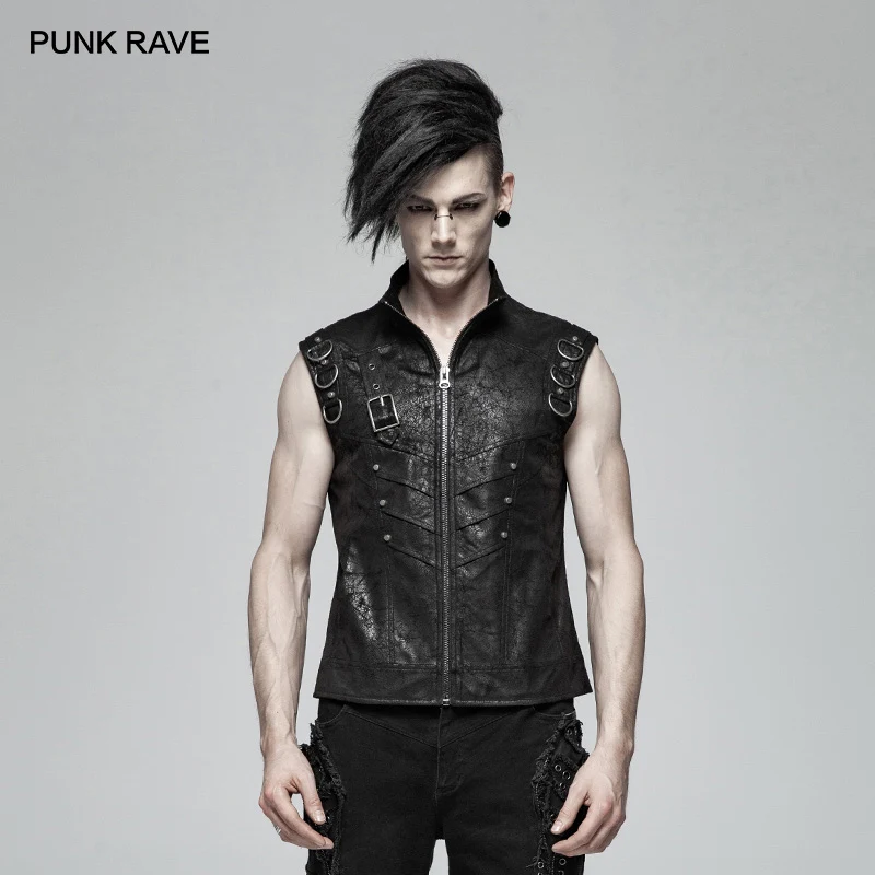 

PUNK RAVE New Gothic Post-Apocalyptic Men's Black High Standing Collar Vest Rock Pu Leather Personality Cosplay Fashion T-Shirt