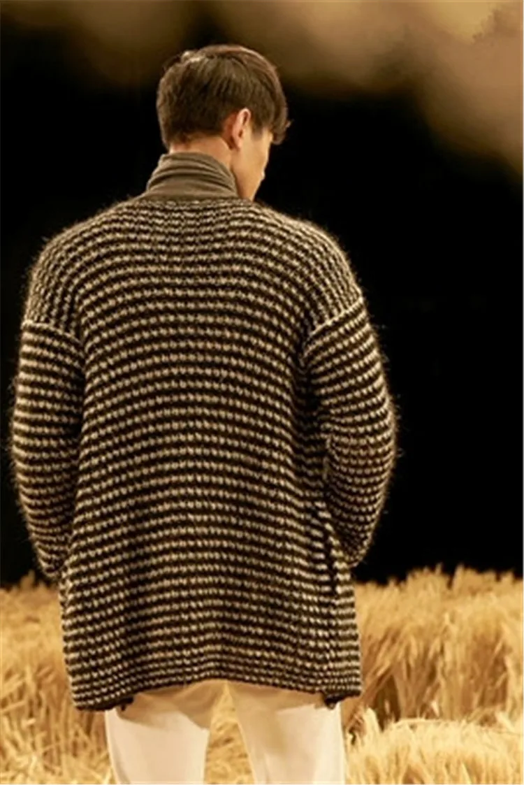 Ручная работа из чистой шерсти Vneck вязаный мужской модный черно-белый полосатый H-Прямой Кардиган свитер на заказ