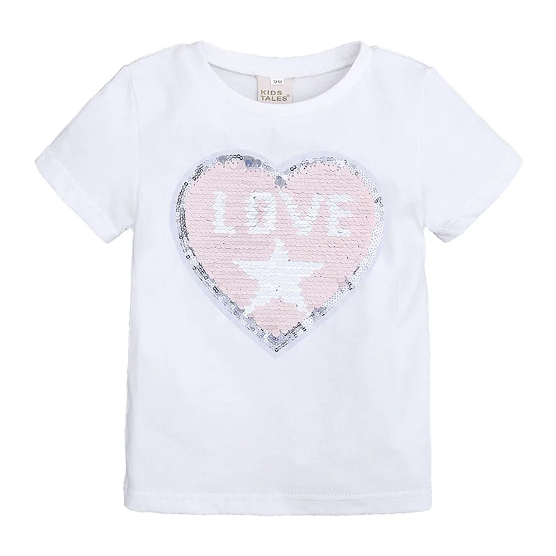 Летние футболки с рисунком сердца для маленьких мальчиков и девочек; двухсторонние Детские Модные Забавные футболки с блестками и надписью; хлопковые топы для малышей