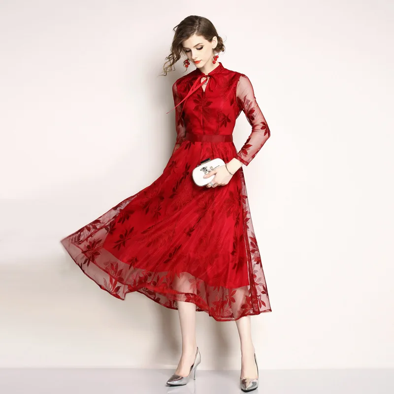 

Leaf Lace Long Sleeve Tunic Big Swing Midi Dress Women Elegant Vintage Sexy Sweet Office Party Beach Dress Spring Clothing