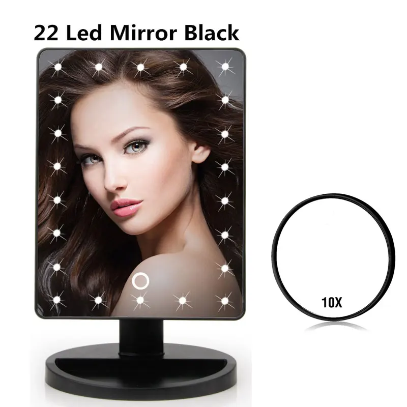 16/22 светодиодный сенсорный экран зеркало для макияжа с увеличительным вращением дамское зеркальце портативное светящееся косметическое зеркало инструмент для макияжа - Цвет: 22LED Mirror Black