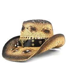 Western Cowboy Hat Straw Women Men HollowLady Leather Punk Brand Sombrero Hombre Beach Cowgirl Jazz Sun Hat Size 56-58CM