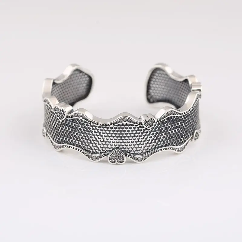 Новинка стерлингового серебра 925 пробы кружево сердце браслет манжета прозрачный CZ Fit DIY любовь оригинальная мода Шарм ювелирные изделия для женщин