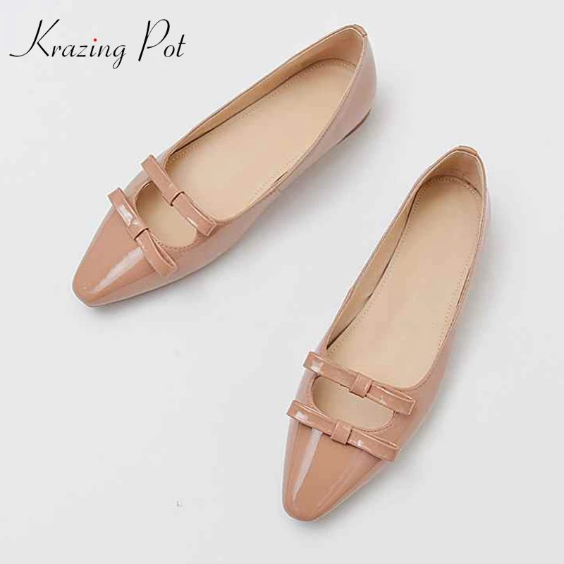

Krazing Pot new genuine leather square toe flats European designer brand shallow fairy preppy bowtie style decoration shoes L81