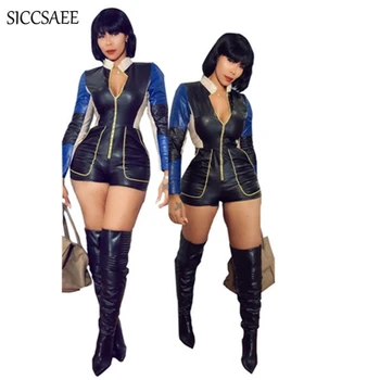 

Streetwear Zipper Bandage Block Patchwork Bodycon Bodysuit Sexy One Piece Outfits Shorts PU Faux Leather Rompers Womens Jumpsuit