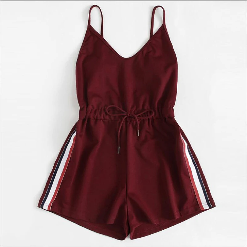 

Fannic Striped Tape Romper Summer Beach Wear Women Sleeveless Playsuits Burgundy Spaghetti Strap Drawstring Romper