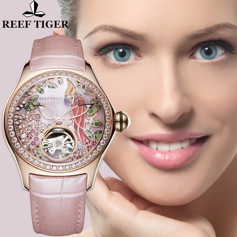 Риф Тигр роскошный турбийон автоматические водонепроницаемые часы MS модные часы с кожаным ремешком женские механические повседневные часы reloj mujer+ коробка