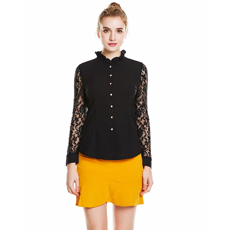 

ePacket shipping Black White Women Sexy Lace Blouses Hollow Design Lady Long Sleeve Shirts Plus Size S-4XL