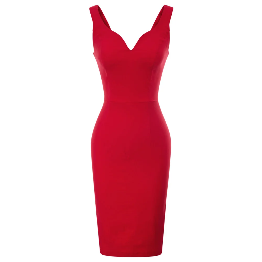 Черное/красное однотонное платье Элегантное классическое женское офисное платье без рукавов с v-образным вырезом облегающее платье - Цвет: Red