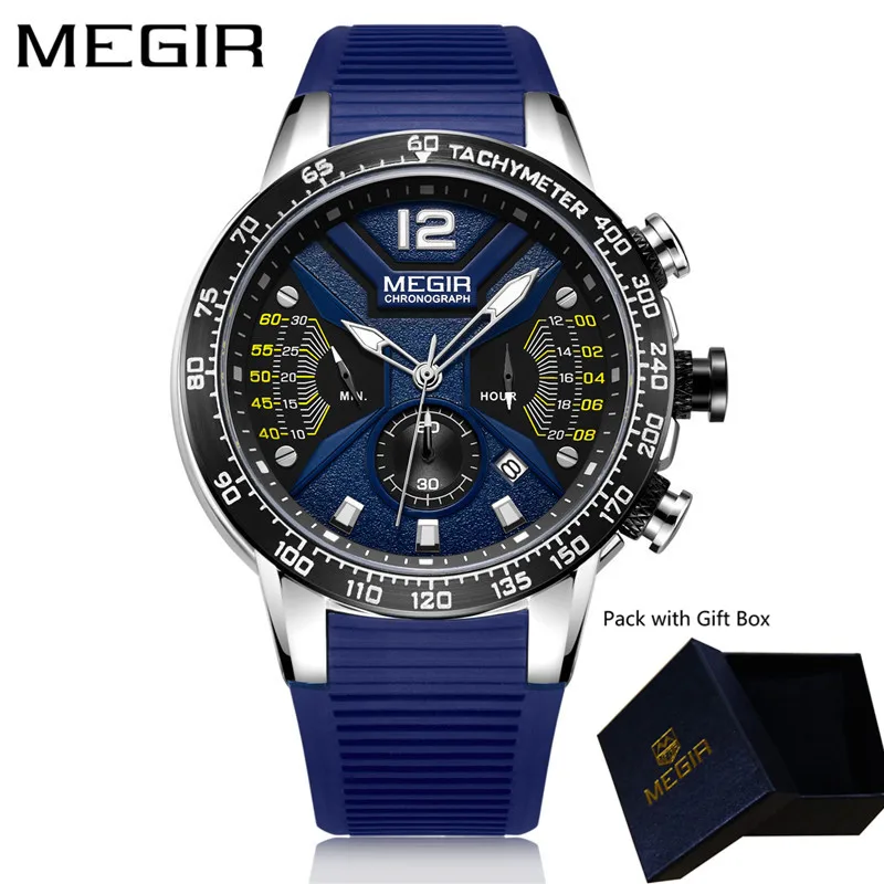 Мужские часы MEGIR, водонепроницаемые, с хронографом, календарем, военные, мужские часы, Лидирующий бренд, Роскошные, резиновые, деловые, мужские, спортивные наручные часы, 2106 - Цвет: ME210601 with box