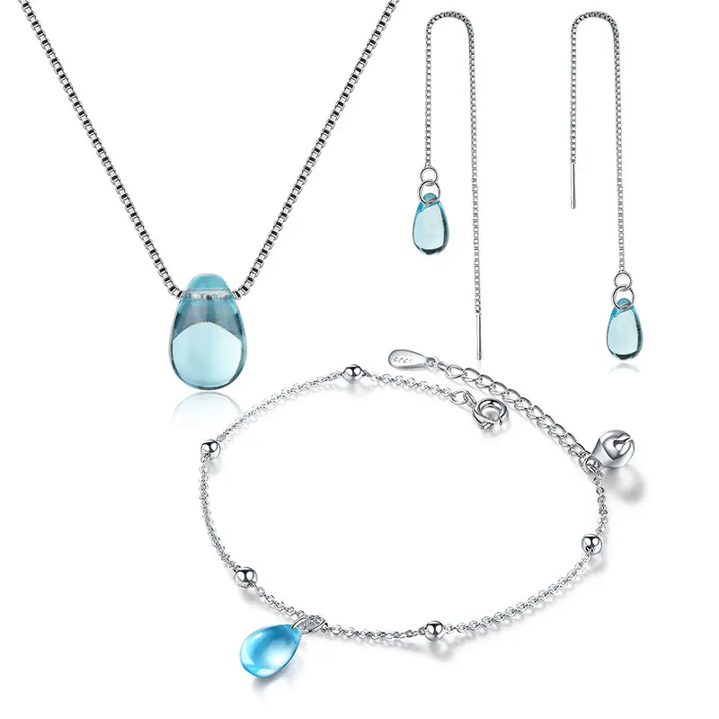

925 Sterling Silver Jewelry Sets Blue Crystal Water Drop Tears Necklace+Earrings+Bracelet For Women Gift