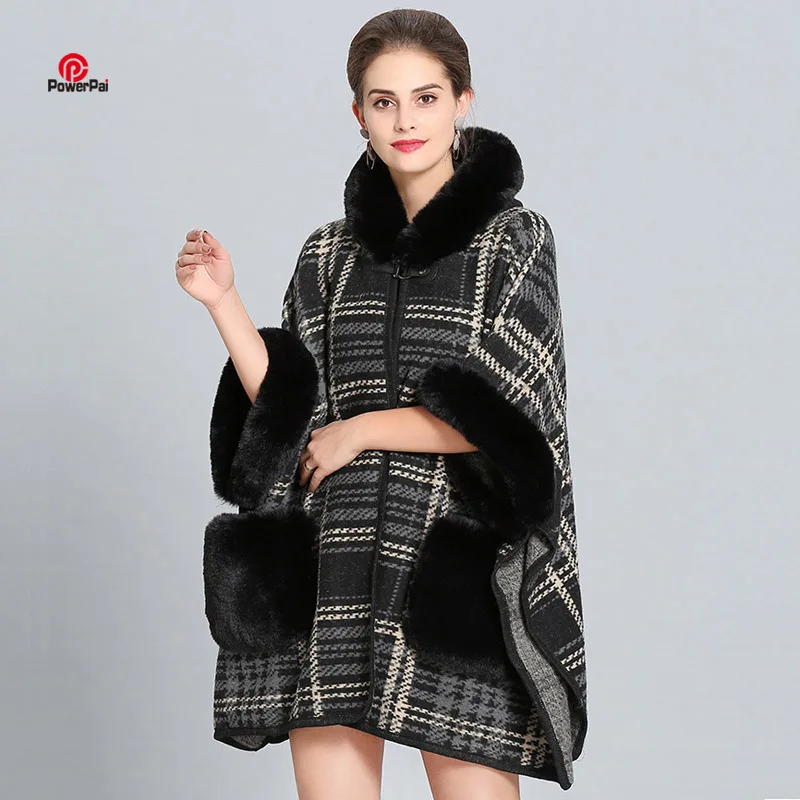 

Fashion Loose Imitation Rex Rabbit Fur Cape Shawl Coat Hooded Fur Pocket Cloak Thick Cashmere Pashmina Women Autumn cWraps