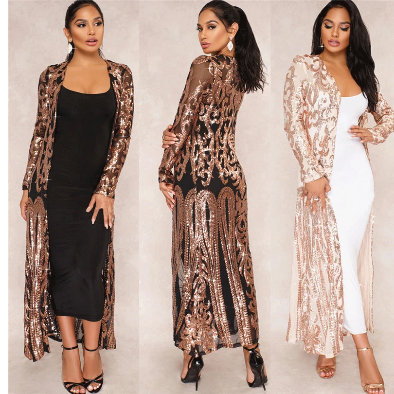 

2019 Trendy Sheer Mesh Sequins Cardigans Full Sleeve Open Stitch Slim Women Long Jackets Night Club Party Outwear Coats