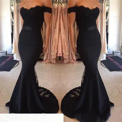 Bridesmaid Dress Black Lace Train Floor Length Off Shoulder Mermaid Belt Hot Full Length Maid of Honor Wedding Party Dress