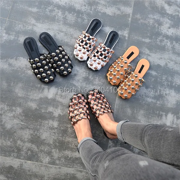 Plus Size 44 Ladies Beach Sandals Summer Shoes Casual Slip On Diamond Crystal Flat Slides Women Cage Studded Slippers Outdoor | Обувь