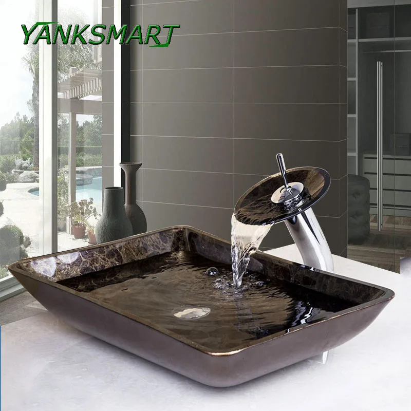 

YANKSMART Rectangle Nature Tempered Glass Vessel Round Sink With Mounting Ring and Waterfall Faucet and Pop-Up Drain Combo Set