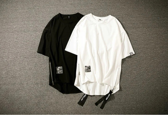 Уличная Хлопковая мужская футболка, футболка средней длины, Мужская футболка в стиле хип-хоп с лентами и боковой молнией, Мужская футболка с коротким рукавом
