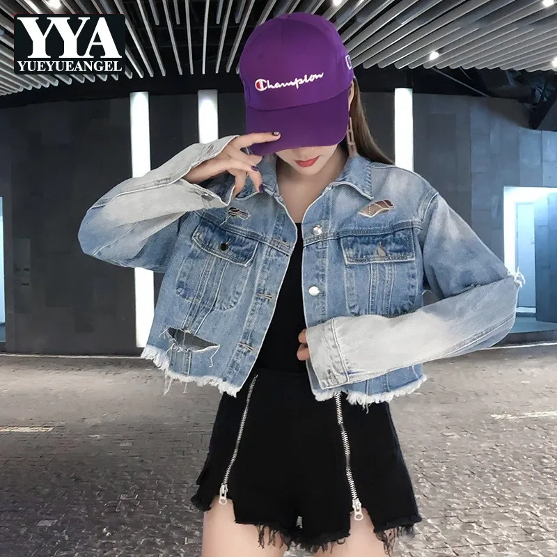 Femmes Trou Court Jeans Manches Denim Gland Vestes Hip S Tops Déchiré Light Bombardier Longues Boyfriend Veste xl Hop Harajuku Blue Manteaux Lâche C0Iqdwwn