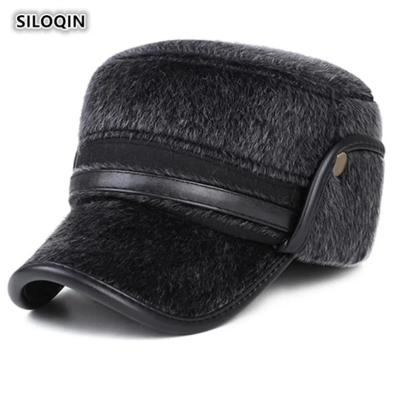 

SILOQIN Winter Middle-aged Elderly Men Warm Ear Protectors Military Hat Simple Wild Fashion New Solid Color Flat Caps Dad's Hat