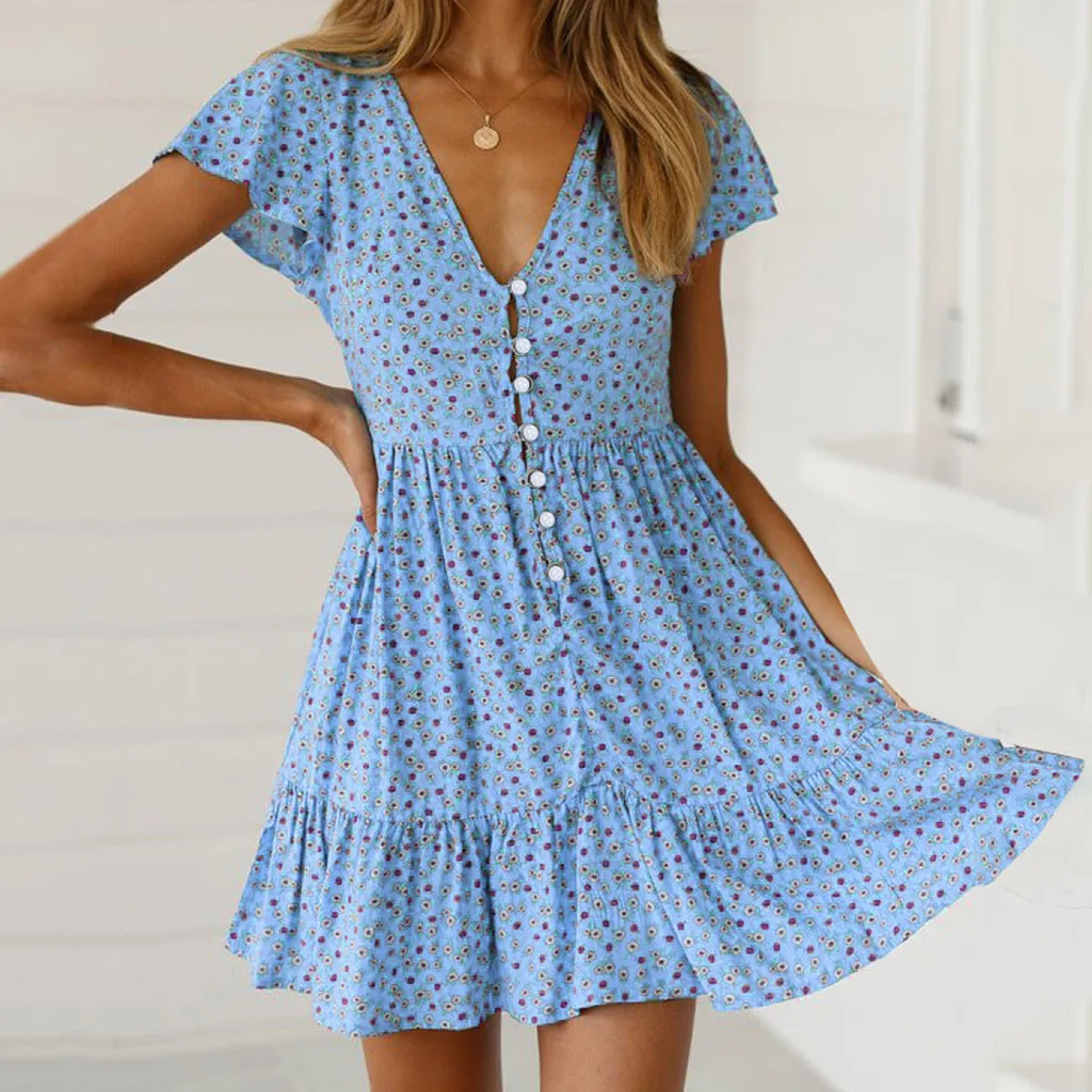 

Summer dresses casual Mini dress women dress Blue Boho Floral Summer Party Evening Beach Short Mini Dress Sundress T420