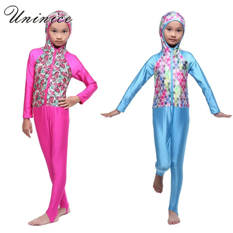 Cute One Piece Swimsuit Hooded Hijab Muslim Arabic Long Sleeve Modest