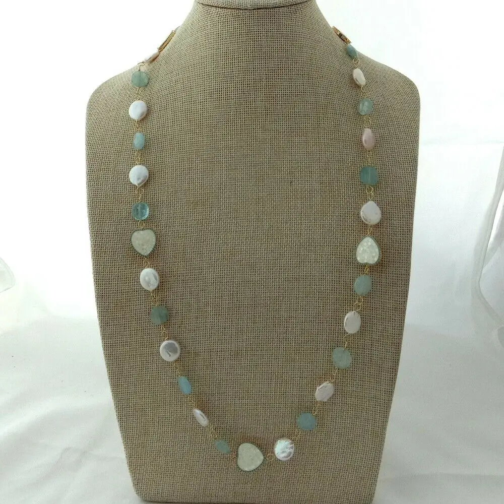 

White Coin Pearl Aquamaine Shell Connector Long Necklace 30''