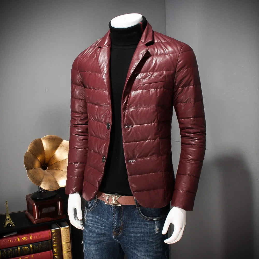 British business men's down jacket light winter coat Slim pu leather