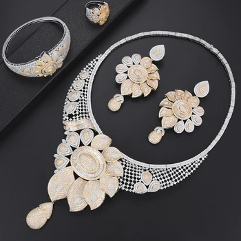 

Siscathy 2019 Luxury Cubic Zirconia Big Statement Flower Necklace/Earrings/Ring/Bracelet For Women Bridal Wedding Jewelry Sets