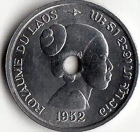 Moneda de 10 centavos 1952 KM #4 de Laos, monedas originales Moneda de 10 centavos 1952 KM #4 de Laos, monedas originales
