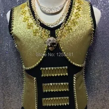 Стильный Модный золотой тонкий сплайсинга без рукавов с заклепками мужской для ночного клуба, бара, DJ singer костюмы сценические танцевальные шоу мужской жилет