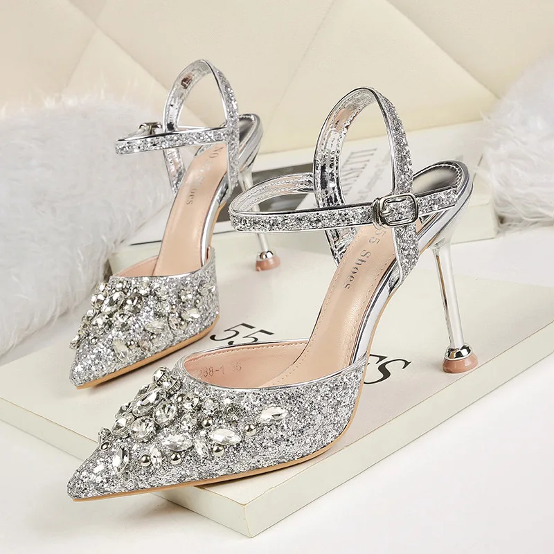 

2019 summer new fashion simple sequined high heels women comfortable wild sexy pointed rhinestone decorative high heels