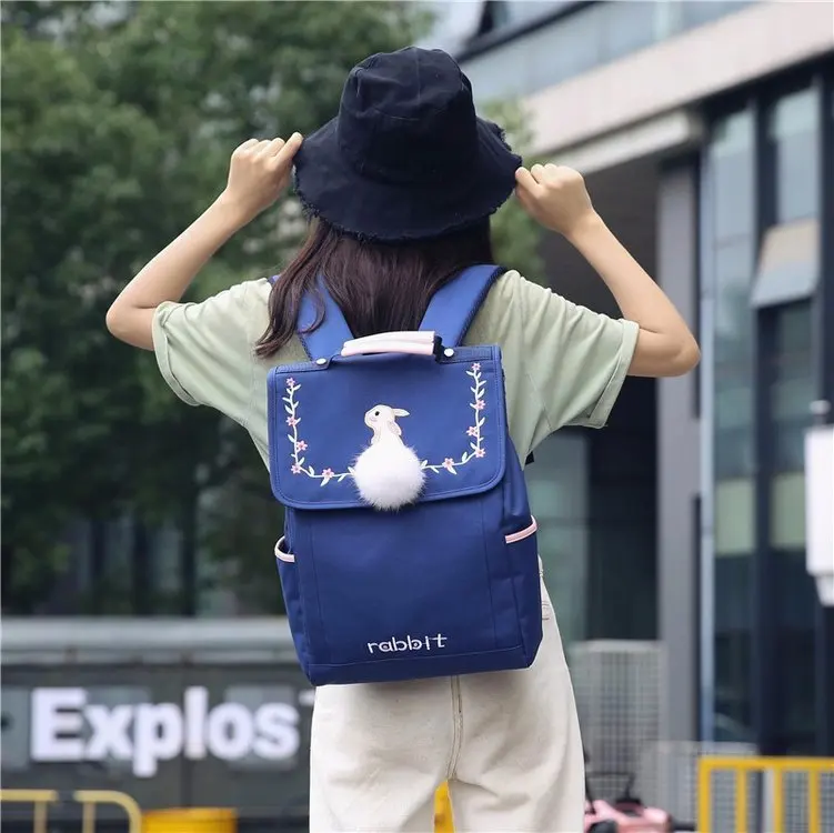 

New High Quality Canvas Embroidery Backpack Girl Plush Rabbit Shoulder Bag Student Bag computer bag