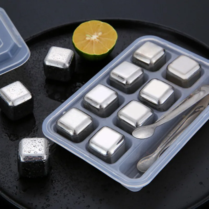 

WOFU Direct Shipping 8pcs/Set Stainless Steel Reusable Whiskey Vodka Wine Beer Ice Cubes Chilling Cooling Stones with Tongs